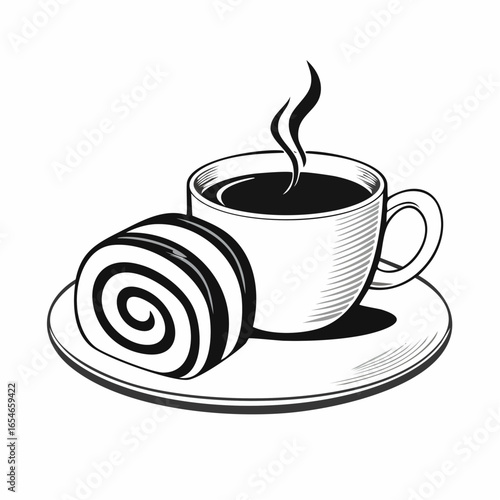 Delicious Cup of Coffee and Swiss Roll Cake on a Plate image vector isolated on white background.