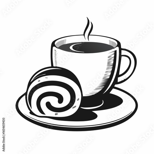 Delicious Cup of Coffee and Swiss Roll Cake on a Plate image vector isolated on white background.