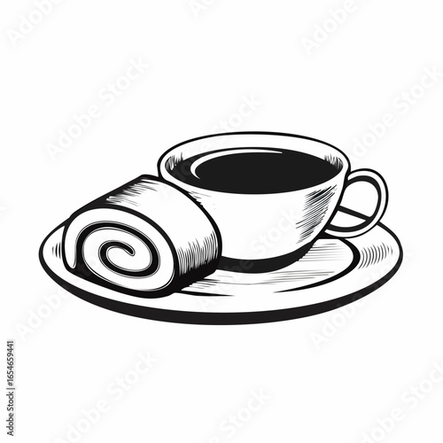Delicious Cup of Coffee and Swiss Roll Cake on a Plate image vector isolated on white background.