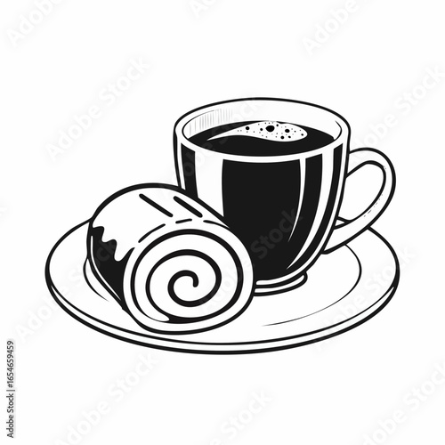 Delicious Cup of Coffee and Swiss Roll Cake on a Plate image vector isolated on white background.