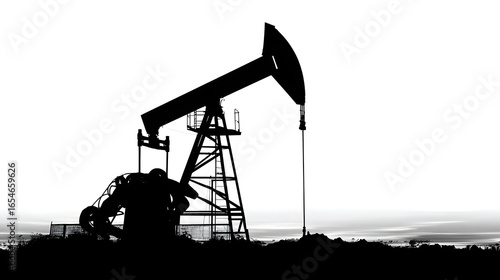 Oil pump jack silhouette against a bright sky a black and white image