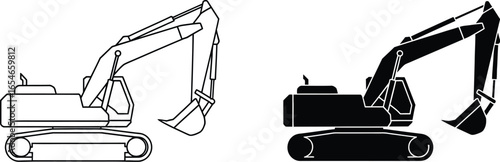 Outline and solid black excavators on a white background view