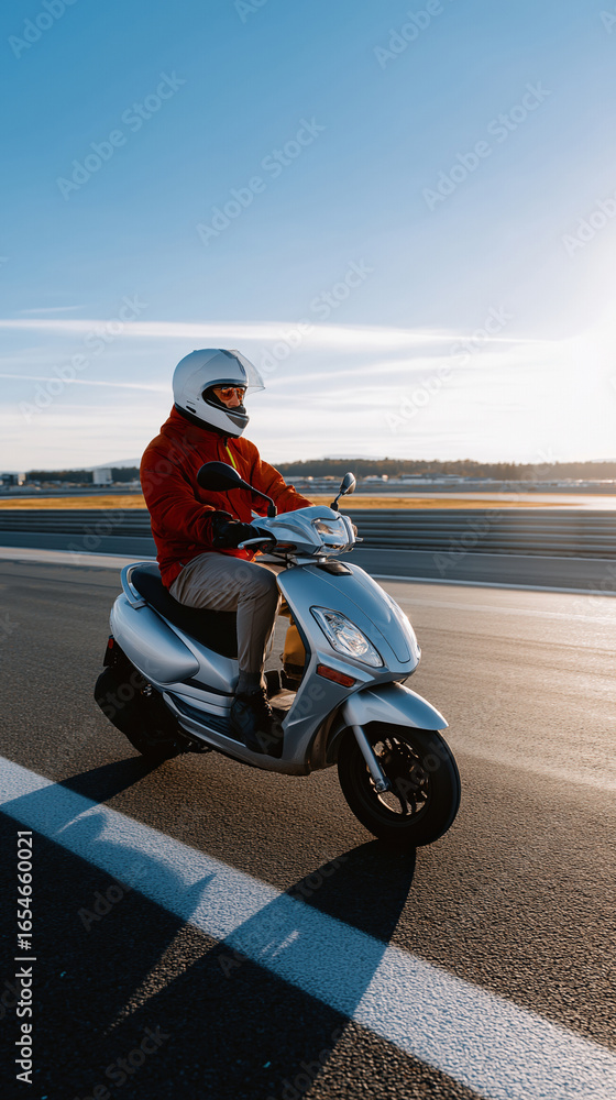 Obraz premium Young caucasian male riding silver scooter on open road