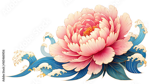Fototapeta Naklejka Na Ścianę i Meble -  Pink peony flower with blue waves in japanese style isolated on transparent background