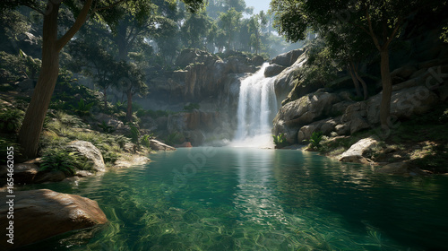 Serene waterfall oasis scenic landscape nature photography travel destination wallpaper background image 4k hd