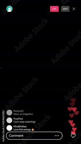 Social media livestream interface with hearts, comments, LIVE badge, like fountain and chat UI. Vertical smartphone stream interface for TikTok and Instagram. Transparent alpha MOV overlay