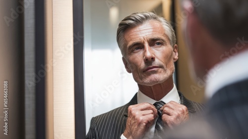 Mature man adjusting tie in front of mirror