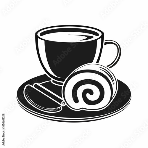 Tasty Cup of Coffee and Swiss Roll Cake on a Plate image vector isolated on white background.