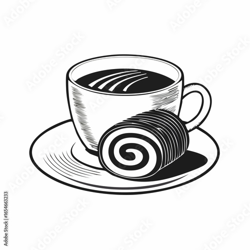 Tasty Cup of Coffee and Swiss Roll Cake on a Plate image vector isolated on white background.