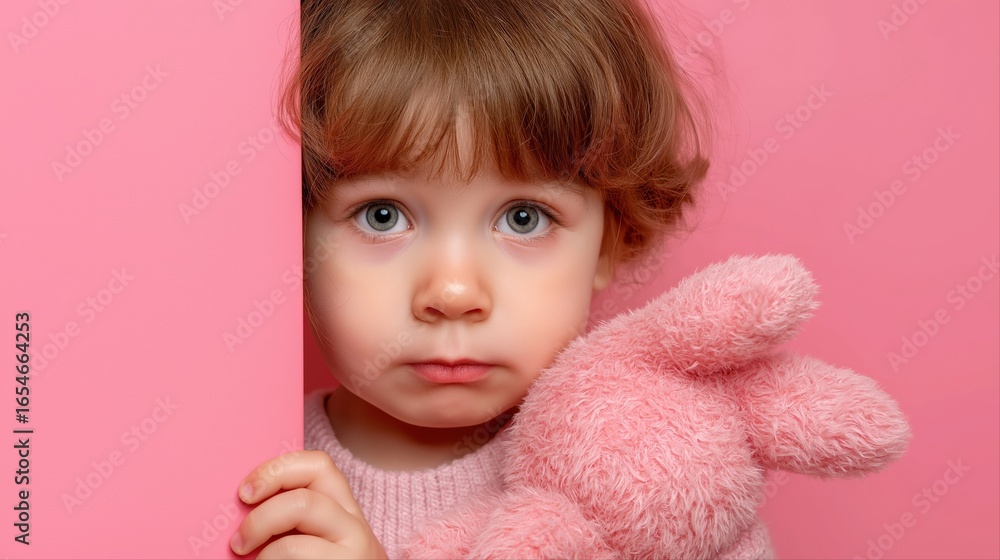 Fototapeta premium Caucasian female child with pink toy against pink background