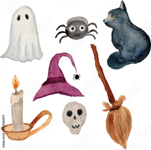 halloween watercolor clipart black cat, flying broom, ghost, spider, witch hat and skull watercolor