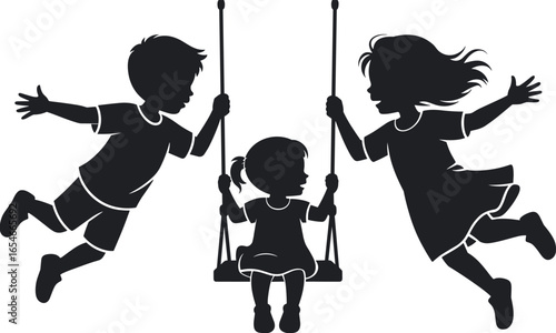 Children playing on swing, silhouette kids outdoors, joyful childhood moments, happy playtime, carefree fun, friends together, activity