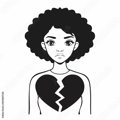 Foto Sad Girl Combined with a Broken Heart Symbol in Emotional Vector Illustration