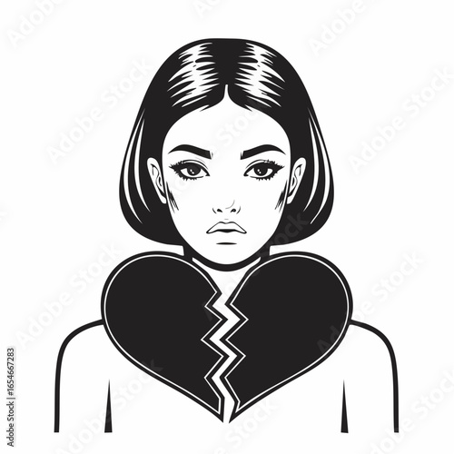 Tableau sur toile Sad Girl Combined with a Broken Heart Symbol in Emotional Vector Illustration