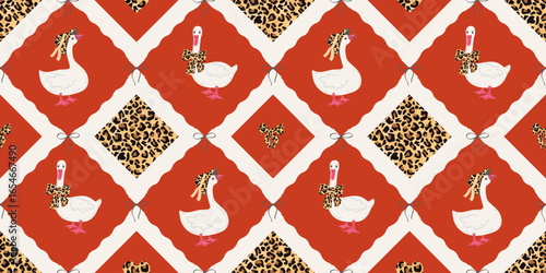 Trendy seamless vector pattern with stylish white geese in leopard accessories on bright red background. Perfect for fabric, wrapping, fashion and decor.