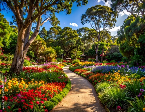 Pathway through a vibrant floral garden in bloom under a bright blue sky landscape