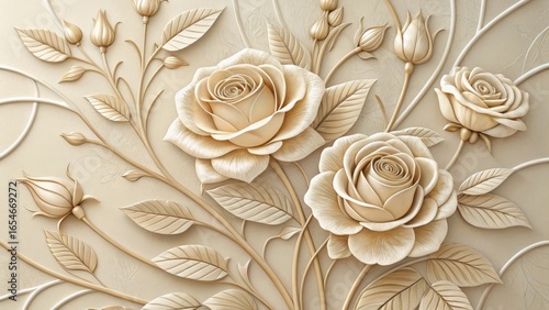 Fototapeta Naklejka Na Ścianę i Meble -  Cream and gold embossed roses with delicate petals and leaves