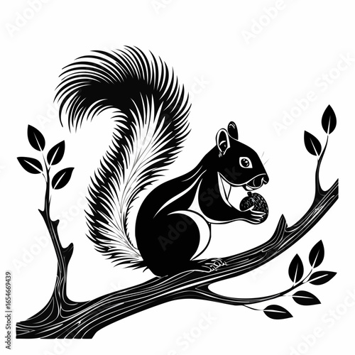 Photos Black and white Squirrel Eating a Nut on a Tree Branch Image vector isolated on white background