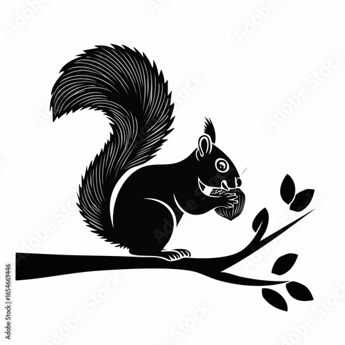 Tableau sur toile Black and white Squirrel Eating a Nut on a Tree Branch Image vector isolated on white background