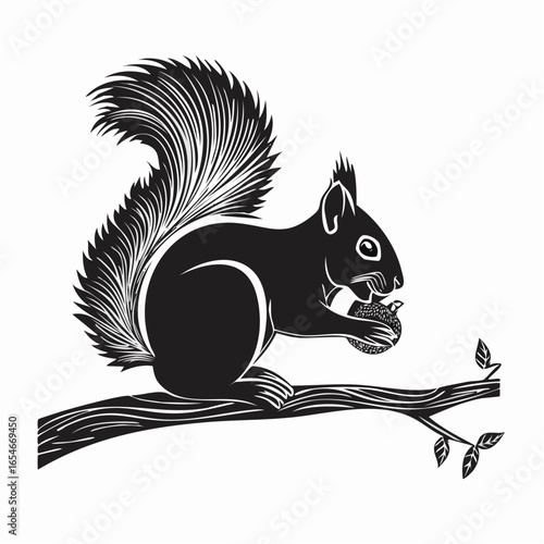 Black and white Squirrel Eating a Nut on a Tree Branch Image vector isolated on white background.