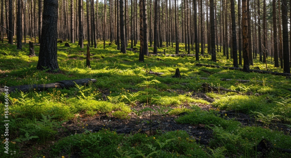 Obraz premium Sun-dappled Forest Floor: Lush Greenery and Tall Trees, Serene Nature.
