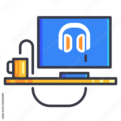 Desk with headphones icon. A flat, simple line icon depicting a working table or a computer desk setup.