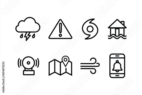 Weather alert and safety icons set – outline style storm, hazard, and emergency symbols for climate response: thunderstorm, warning, hurricane, flood, alarm, map, wind, notification