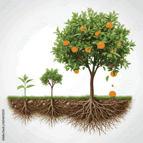 isolated need Growth stages of an orange tree with roots and fruit in realistic style
