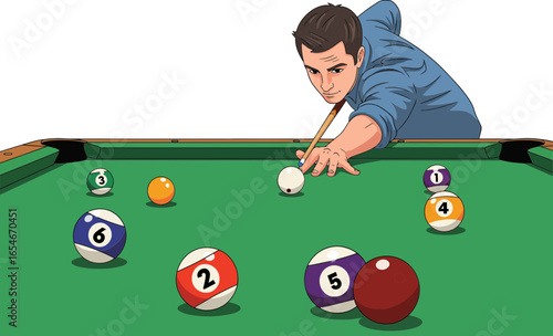 Flat illustration of man playing billiards with cue stick in game room, modern minimal vector art of indoor leisure activity and sports concept.