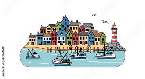 Colorful coastal village with vibrant houses and lighthouse near the water with boats and seagulls for a charming seaside scene ideal for travel and