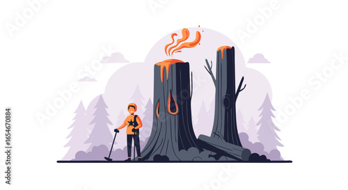 illustration of a young individual exploring a forested area affected by a wildfire with burning trees and smoke providing a vivid depiction of
