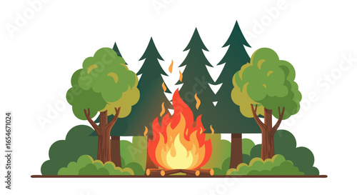 illustration of a campfire surrounded by lush green trees in a tranquil forest setting with dense foliage