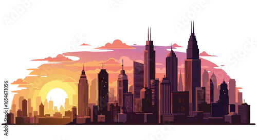 Stylized digital illustration of a vibrant city skyline during sunset showcasing towering skyscrapers and dynamic urban silhouettes with warm sunset