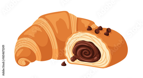 Delicious freshly baked croissant with chocolate filling and crispy flakes on a clean white background emphasizing indulgent pastry with a rich