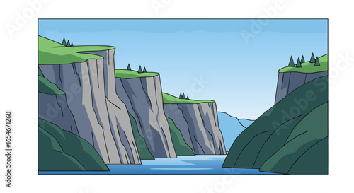 Serene river flowing through majestic green cliffs with lush vegetation and a clear blue sky above capturing a tranquil natural landscape scene