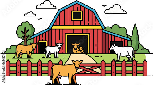Colorful vector illustration of a farm scene with barn, cows, fence, and trees. Great for agricultural design, children’s books, farming projects, and educational content