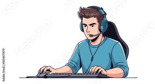 Illustration of a young male gamer wearing a headset and using a keyboard and mouse for online competitive gaming and streaming in a digital