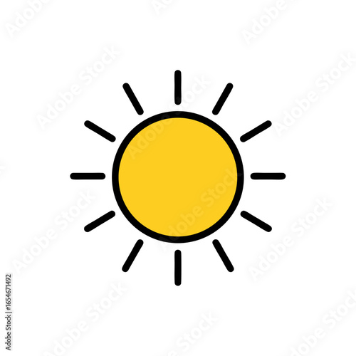 Simple minimalist illustration of a radiant sun symbolizing energy and brightness with bold black outlines and a vivid yellow center for daytime