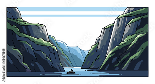 Scenic river voyage through steep canyon walls with lush greenery and layered cliffs under a clear sky with linear clouds