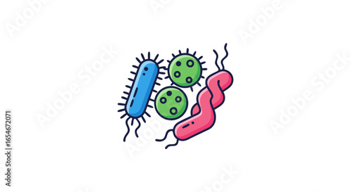 Colorful illustration of diverse bacteria and microorganisms with vibrant shapes and structures representing microbial diversity and pathogen