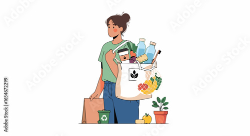 Young Woman Carrying Reusable Shopping Bag Filled with Groceries and Sustainable Items for Eco-Friendly Living