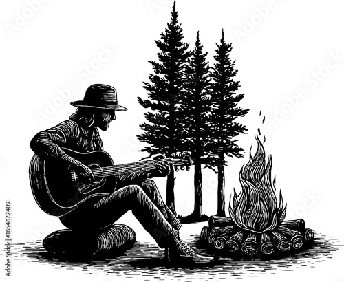 Vintage hand-drawn illustration of person playing guitar by campfire in forest setting