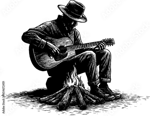 Vintage engraving of person playing guitar by a campfire - retro design for music and outdoors themes
