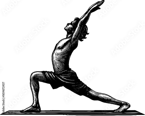 Vintage engraved illustration of a person practicing yoga in warrior pose for wellness design