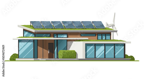 Modern eco-friendly residential house featuring solar panels and wind turbine integration for sustainable living