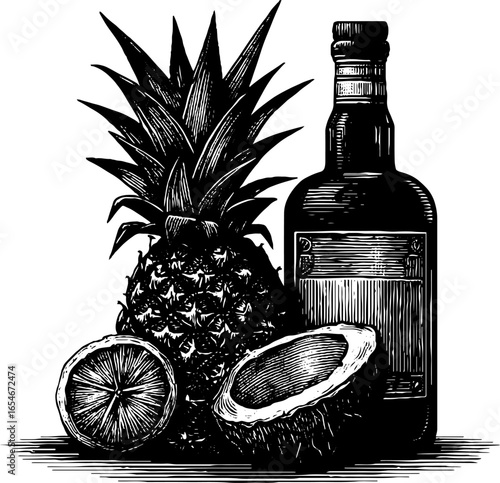 Vintage engraved illustration of piña colada ingredients with pineapple and bottle for retro design