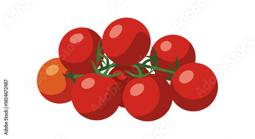 Fresh cluster of ripe red cherry tomatoes with green stems on a plain white background for culinary or gardening themes