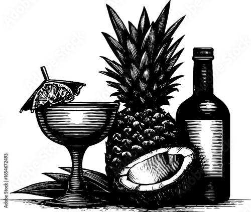 Vintage engraved illustration of piña colada cocktail with pineapple and coconut for retro design
