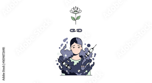 Symbolic illustration of mental health and wellness through a calm figure surrounded by organic and healing symbols in a minimalist digital art style