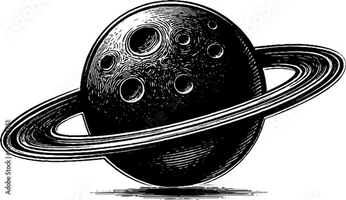 Engraved illustration of a cratered planet in space theme